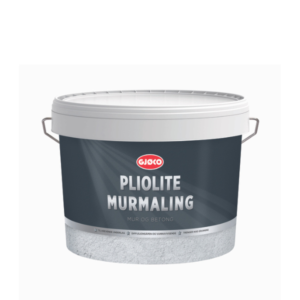 En spand hvid maling med håndtag, mærket "Gjøco Pliolite Murmaling" står på en hvid baggrund.