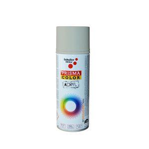 En grå spraydåse står på en hvid baggrund. På etiketten står der "Schuller Eh’klar PRISMA COLOR ACRYL", og der er en farvecirkel under teksten.