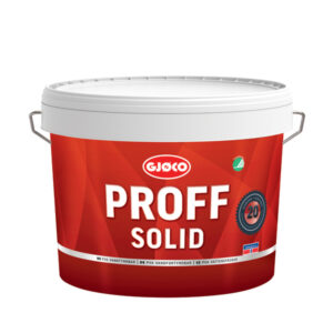 En hvid plastikspand med et rødt mærkat og teksten "GJØCO PROFF SOLID" står på en hvid baggrund. Spanden har metalhåndtag på begge sider.