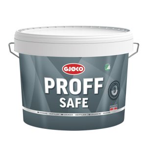 Spand med hvidt låg og metalhåndtag viser mærket Gjøco. Teksten "PROFF SAFE" og diverse andre specifikationer er trykt på en grå baggrund.