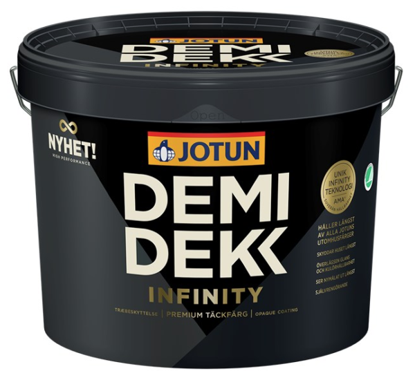 Sort malingsspand med låg, mærket "Jotun DEMIDEKK INFINITY". Der står "NYHET! HIGH PERFORMANCE" i venstre hjørne og "UNIK INFINITY TEKNOLOGI" samt flere egenskaber såsom "PREMIUM TÄCKFÄRG" i midten.