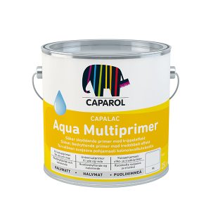 En dåse med CAPAROL CAPALAC Aqua Multiprimer. Dåsen er gul og hvid med et logo af en stribet elefant. Tekst: "Sikker beskyttende primer med trippeleffekt - Halvmat - 2,5 L".