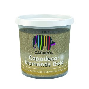 En spand med produktet "Capadecor Diamonds Gold" fra Caparol. Spanden har et låg, og etiketten viser en flerfarvet elefantlogo samt tysk tekst: "Transparente und deckende Innenra".