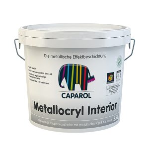 En hvid spand med håndtag, mærket "CAPAROL" og "Metallocryl Interior". Spanden indeholder skinnende indendørs maling med metallisk effekt. Tekst: "Die metallische Effektbeschichtung" og "Glänzende Dispersionsfarbe mit metallischer Optik für innen".