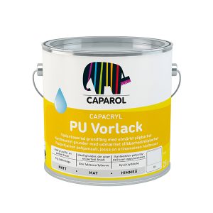 En gul malerspand med teksten "Capacryl PU Vorlack" fra mærket Caparol, med et flerfarvet elefantlogo. Spanden står på en hvid baggrund.