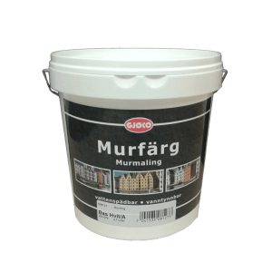 En plastikspand med hvidt låg og håndtag indeholder murmaling med etiketten "GJØCO Murfärg Murmaling, vatbaserbar - vanntynbar." En illustration viser forskellige bygninger.