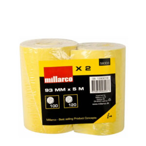 To ruller slibepapir pakket i plastik. Etiketten angiver: "millarco", "X 2", "93 MM x 5 M", "100", "120". Importeret af Millarco A/S.