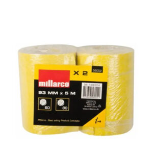 To ruller gul tape er pakket i plastfolie. Etiket med "millarco", "93 MM x 5 M", "60", "80", stregkode, og hjemmeside. Tekst: "Millarco - Best selling Product Concepts".