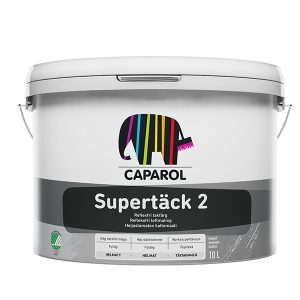 En hvid malerspand med mærket CAPAROL og et farverigt elefantlogo. Teksten "Supertäck 2" står på etiketten. Spanden har to håndtag og står mod en hvid baggrund. Kapacitet: 10 liter.