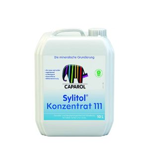 En hvid plastdåse med et farverigt elefantlogo på forsiden. Dåsen indeholder "Caparol Sylitol® Konzentrat 111", og teksten inkluderer "Die mineralische Grundierung" og "10 L".