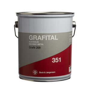 En hvid og rød malingsspand med håndtag. Tekst: "GRAFITAL, ALKYDOLIE HALVMAT METAL, Grafit 209, 351, Beck & Jørgensen". Står isoleret mod en hvid baggrund.