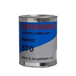 En metalbeholder af maling med teksten "SUPERGRUND ALKYDMELLEMMALING Helmat 870 Beck & Jørgensen A/S" stående på en hvid baggrund.