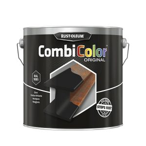 Rust-Oleum CombiColor malingdåse står stille på hvid baggrund. Malingdåsen er sort med produktinformation i hvide og farverige tekster, samt et billede af malet metaloverflade.