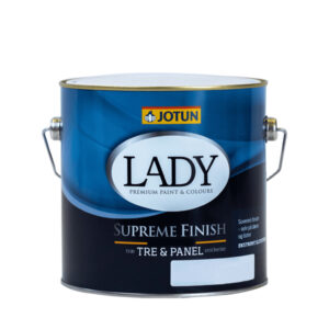 En paint spand fra Jotun, stående på en overflade. Etiketten viser teksten: "LADY PREMIUM PAINT & COLOURS SUPREME FINISH træ TRE & PANEL snickerier."