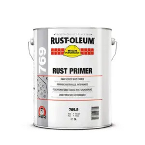 Metalspand indeholdende RUST-OLEUM rust primer til fugtbestandig rustforebyggelse, kapacitet 5L. Tekst på spanden: "TRUSTED QUALITY SINCE 1921," "HIGH PERFORMANCE," "769," og "50 YEARS."