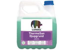 Plastikdunk med grøn væske, etiket mærket "Caparol ThermoSan Djupgrund". Kontekst er et produktbillede på hvid baggrund. Dunkens volumen er angivet som 3 liter.