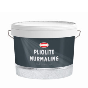 En stor hvid plasticspand mærket "Gjøco Pliolite Murmaling Mur og Betong" med et sort etiket; to håndtag på siderne.