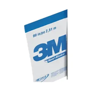 En hvid og blå emballage af 3M Hand-Masker, angiver dimensioner 99 in/po 2,51 m, ses mod en hvid baggrund.