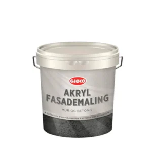 En hvid plastikspand med metalhåndtag indeholder akrylmaling. På etiketten står "GJØCO AKRYL FASADEMALING MUR OG BETONG." Spanden står mod en hvid baggrund.