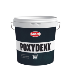 Hvid og sort spand med låg, mærket "Gjøco" og teksten "POXYDEKK To-komponent Epoxy gulvmaling til træ og beton Del 2". Spanden står på en hvid baggrund.